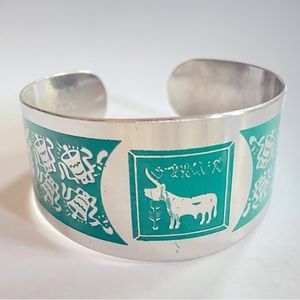 PIA wide Cuff Bracelet Adjustable Bangle Handmade Boho Silver green 1970s